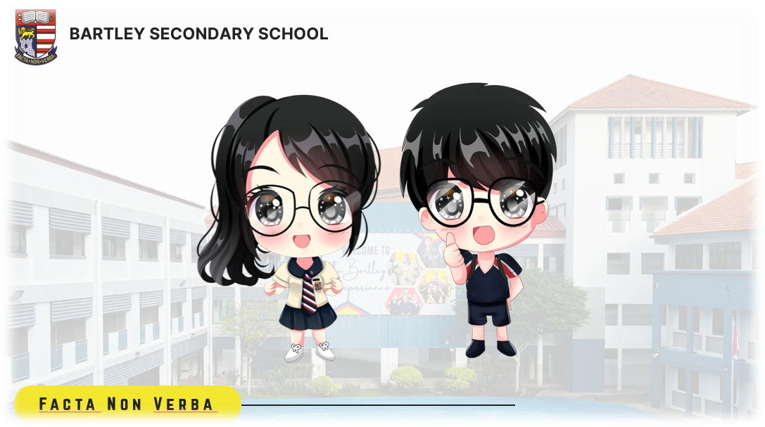 Two cartoon chibi students in school uniforms with glasses stand before Bartley Secondary School buildings.